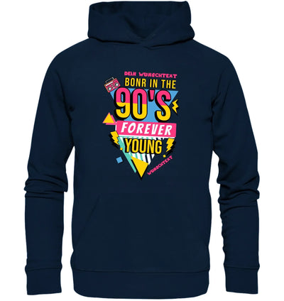 Navyblauer hoodie mit auffälligem 90er jahre design in gelb und pink mit retro boombox aus der statement collection
