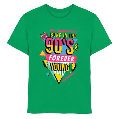 Vibrierendes grünes Baumwoll-T-Shirt mit fettem 90er retro grafik neon text geometrische formen cartoon boombox