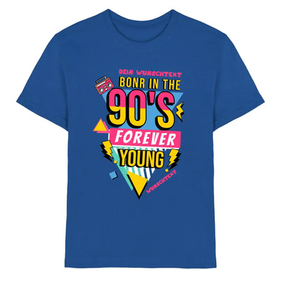 Blaues baumwoll t shirt mit 90er jahre vintage grafik in gelb und pink retro boombox design statement collection