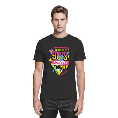 Schwarzes cotton t-shirt mit buntem 90er jahre grafikdesign in gelb rosa und türkis aus der born in 90s statement-collection