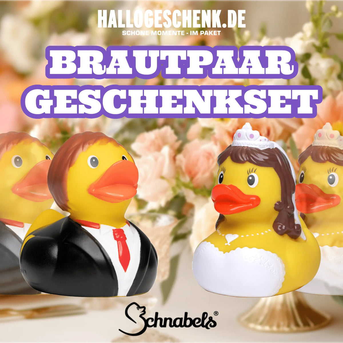 Hochzeit quietsche-ente badeente set mit gelbem brautpaar in kleid und anzug zum feiern der ehe