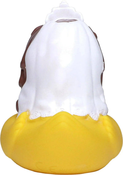 Gelbe quietsche-ente mit braunen haaren und weißem schleier als brautpaar badeente set zur hochzeit