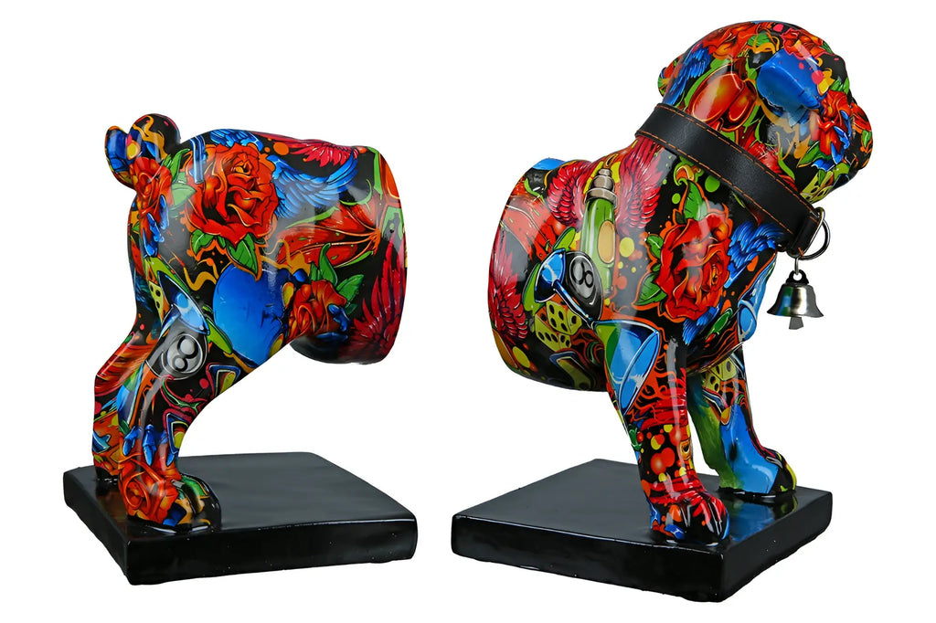 Bunte buchstützen bulldogge street art 2 mit graffiti design roten rosen blauen akzenten aus kunstharz