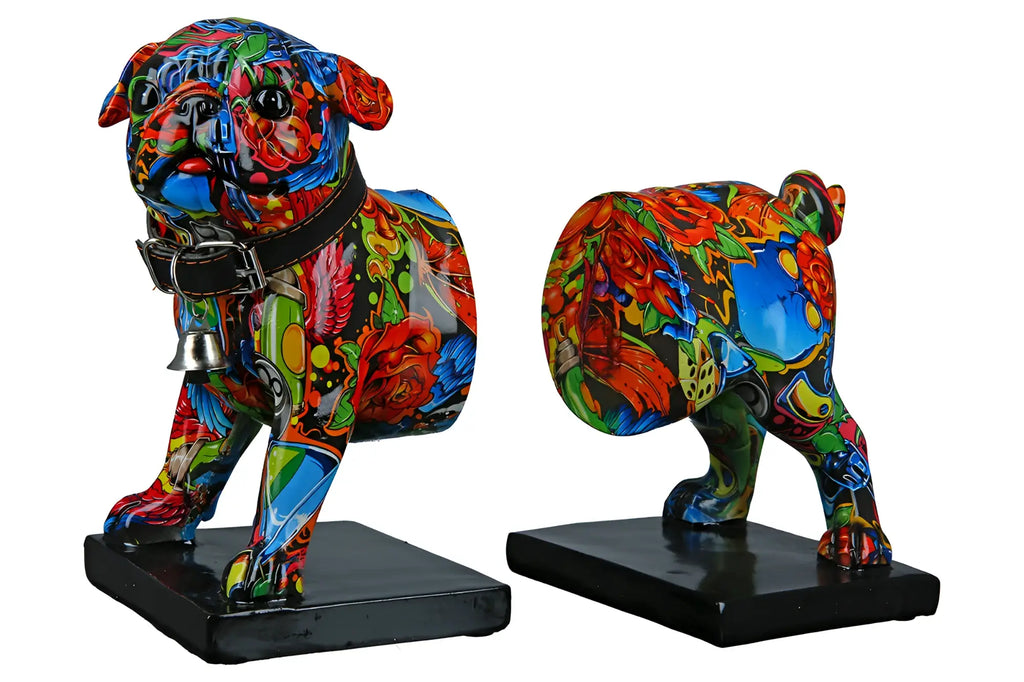 Bunte mehrfarbige kunstharz buchstützen bulldogge street art 2 mit floralen und abstrakten mustern von gilde