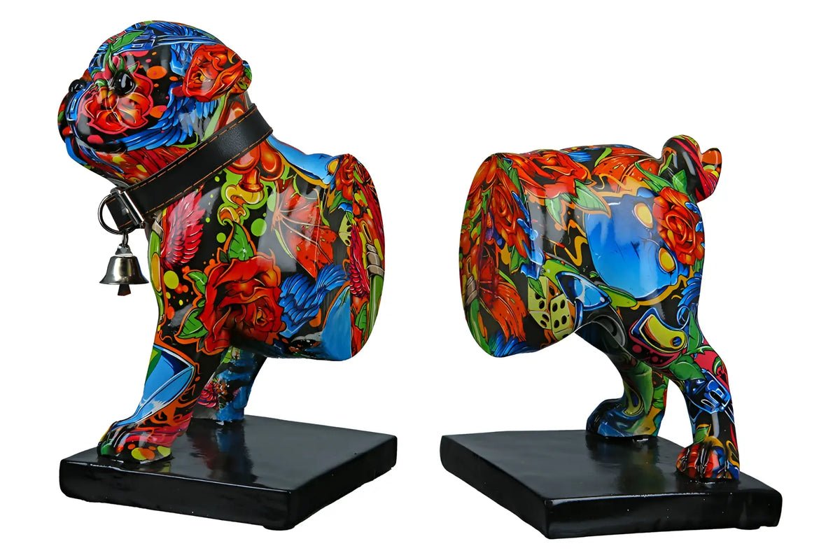 Vibrante, mehrfarbige bulldog buchstützen street art 2 aus kunstharz mit glänzenden abstrakten mustern von gilde