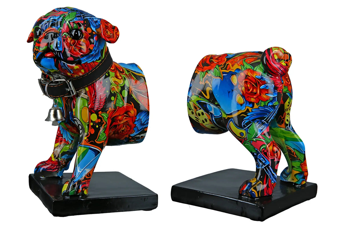 Bunte kunstharz buchstützen bulldogge street art 2 mit glänzender lackierung auf schwarzer basis von gilde