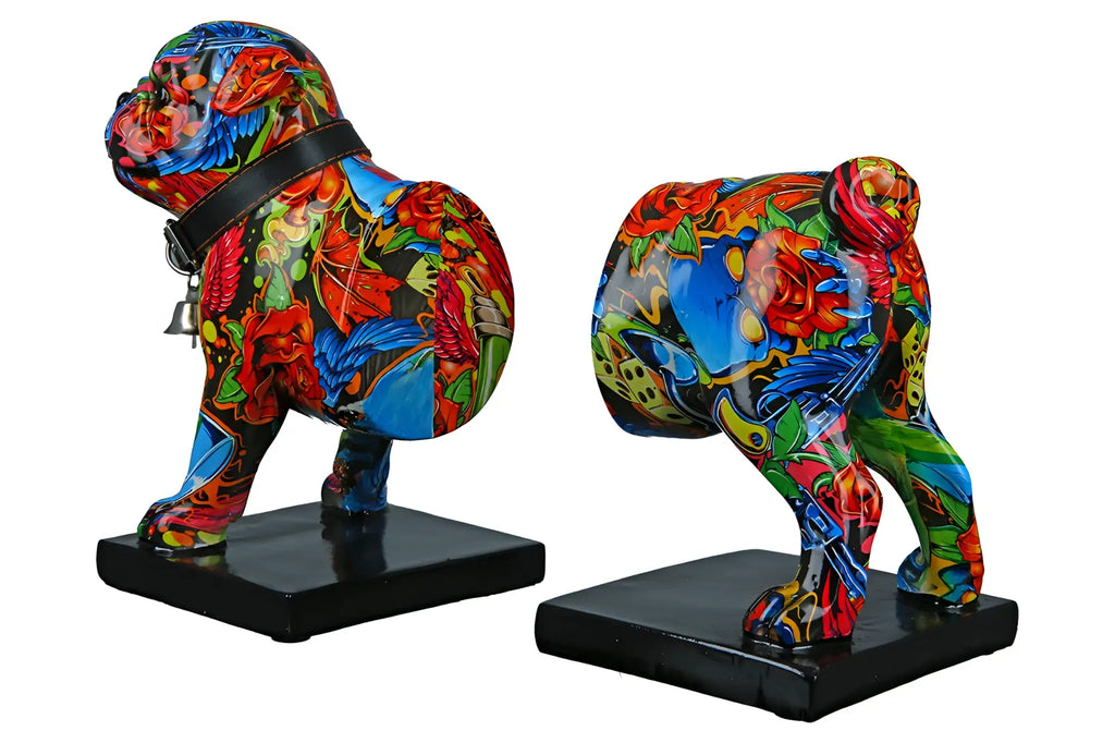 Bunte buchstützen bulldogge street art 2 aus kunstharz mit schwarzen halsbändern und bases von gilde
