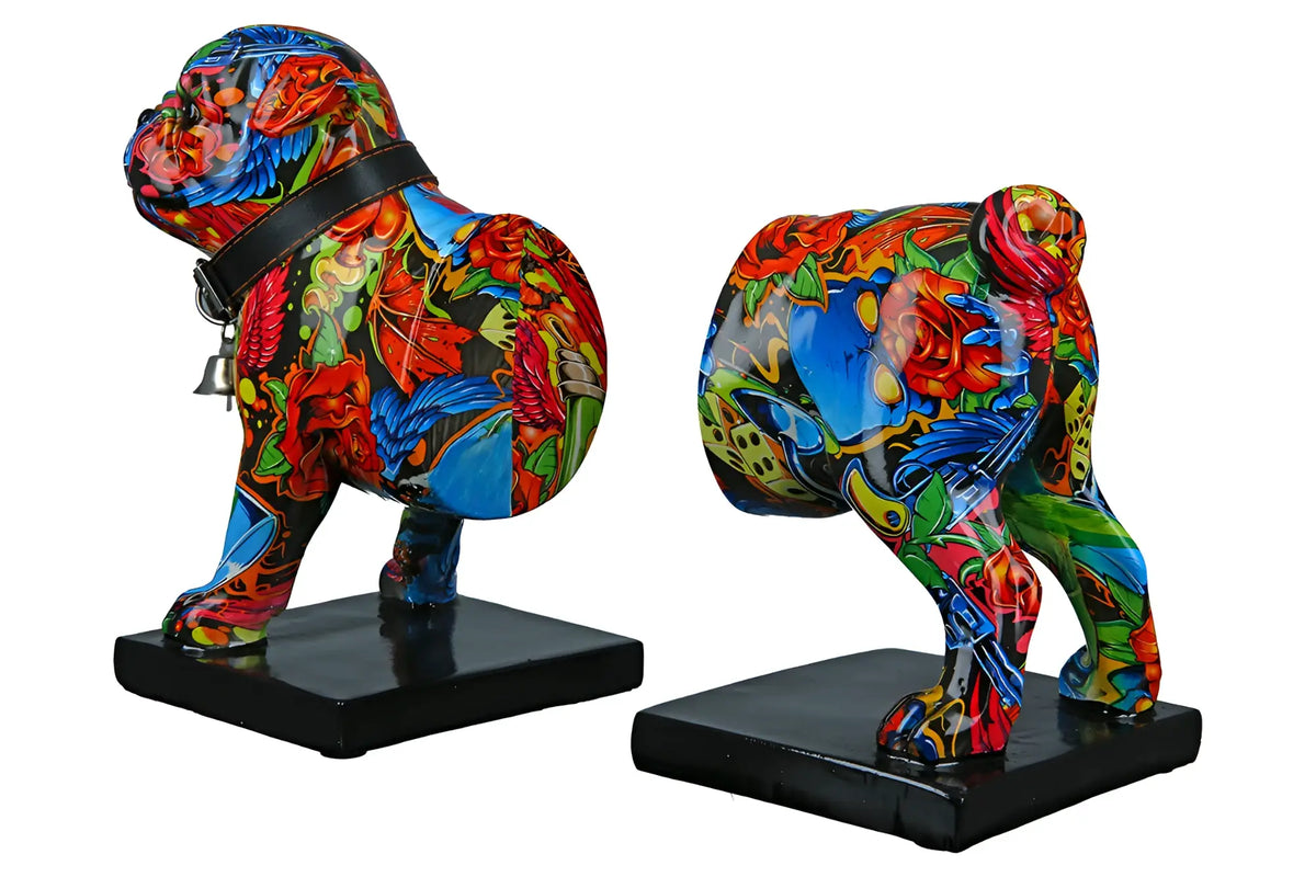 Bunte buchstützen bulldogge street art 2 aus kunstharz mit schwarzen halsbändern und bases von gilde