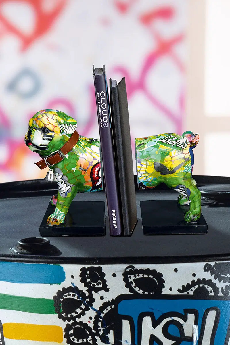 Buchstützen: Bulldogge „Street Art“ – 2-teilig • Kunstharz • mehrfarbig • 20×22,5×12 cm • Gilde - Figur