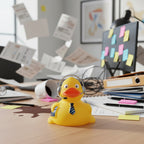 Gelbe badeente mit gestreifter krawatte und aktentasche als büro kaufmann job quietsche-ente
