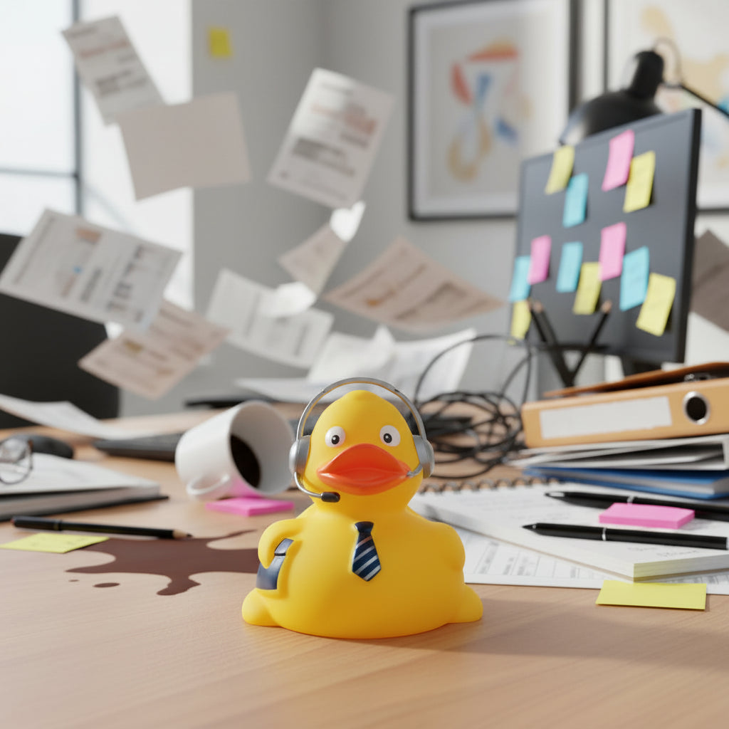 Gelbe badeente mit gestreifter krawatte und aktentasche als büro kaufmann job quietsche-ente