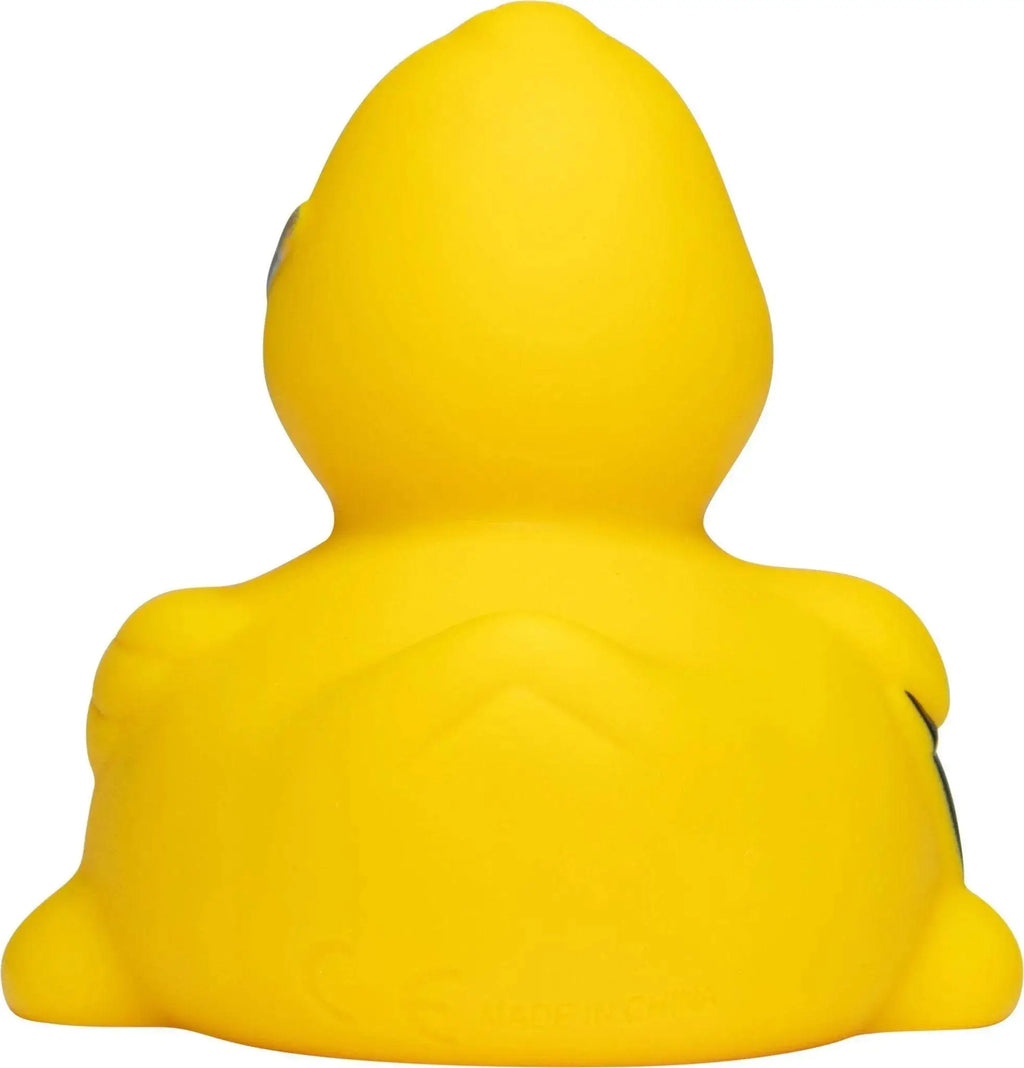 Eine helle gelbe büro kaufmann job quietsche-ente aus gummi mit glatter glänzender oberfläche und einfachen schwarzen liniendetails