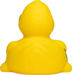 Eine helle gelbe büro kaufmann job quietsche-ente aus gummi mit glatter glänzender oberfläche und einfachen schwarzen liniendetails