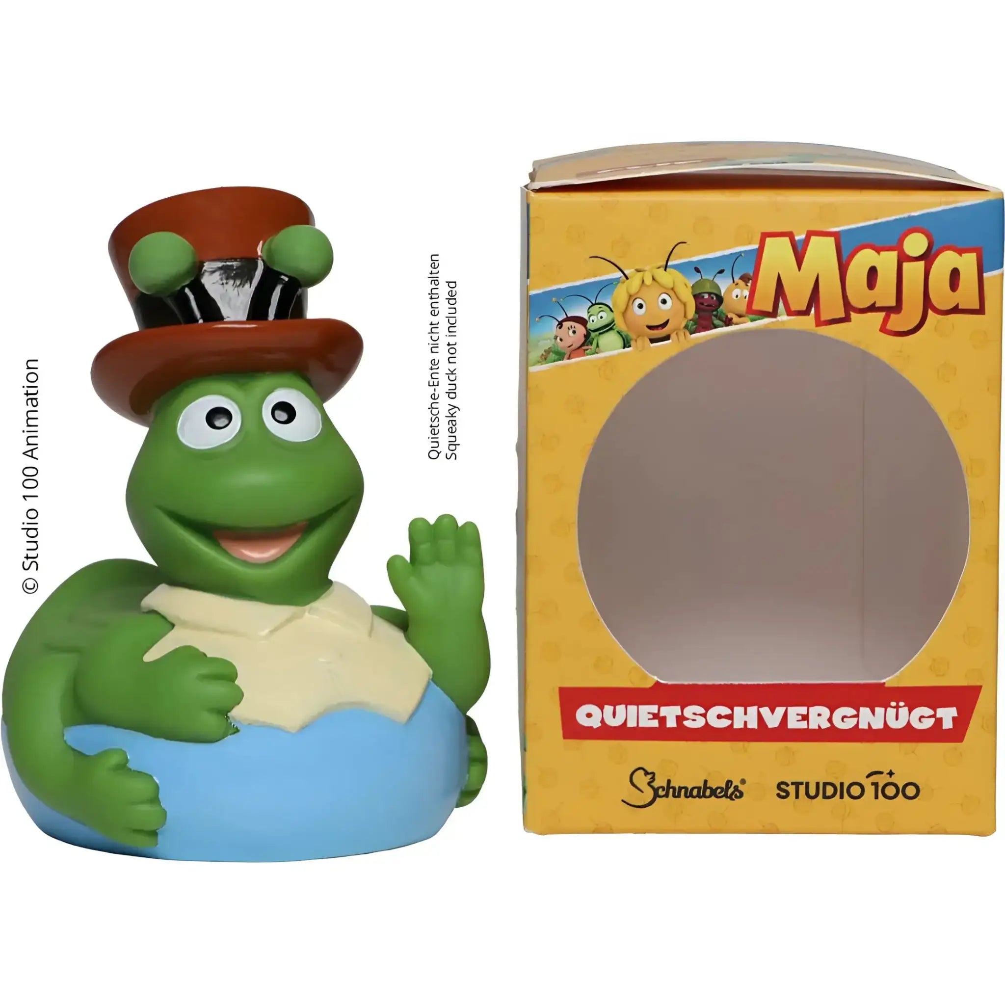 Grüne gummiente mit braunem zylinder und blauem bauch aus bundle die biene maja badente lizenzprodukt