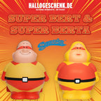 Super bert und super berta quetschfiguren aus buntem silikon in rot und gelb mit schwarzem gürtel als anti stress geschenkset