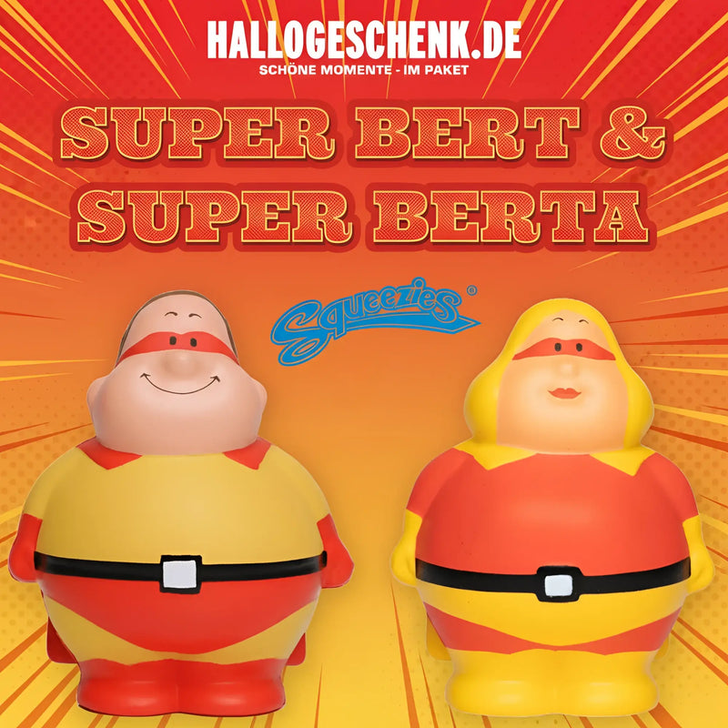 Super bert und super berta quetschfiguren aus buntem silikon in rot und gelb mit schwarzem gürtel als anti stress geschenkset