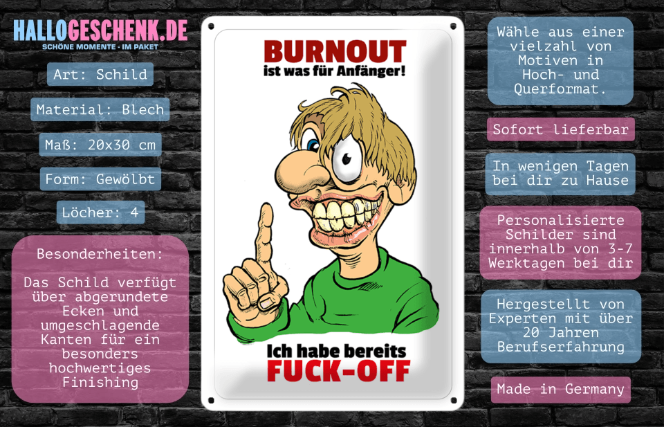 Burnout!? • Blechschild mit Motiv • 20x30 cm - HalloGeschenk.de