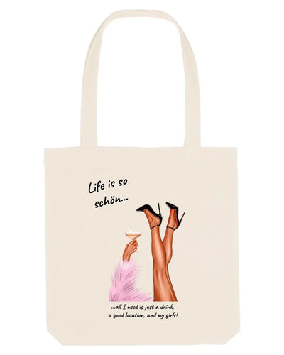 Creamfarbene canvas-tasche mit illustration von beinen in schwarzen high heels und cocktailtext für ladies party-beine