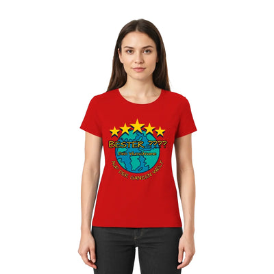 Rotes kurzarmshirt mit farbigem globusmotiv und gelben sternen sowie deutschem text aus der statement-collection