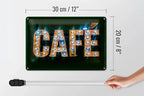 Rustikales kupferfarbenes blechschild café 20x30 cm mit leuchtenden café buchstaben und blauen akzenten