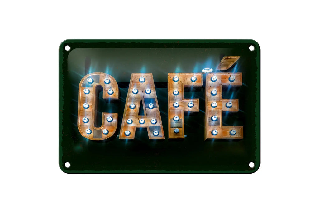 Rustikales kupferfarbenes blechschild café 20x30cm mit vintage leuchtreklame und dunkelgrünem metallrahmen
