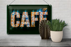 Vintage grünes blechschild 20x30cm mit beleuchteten café buchstaben in warmem bernstein und blauem glow efekt