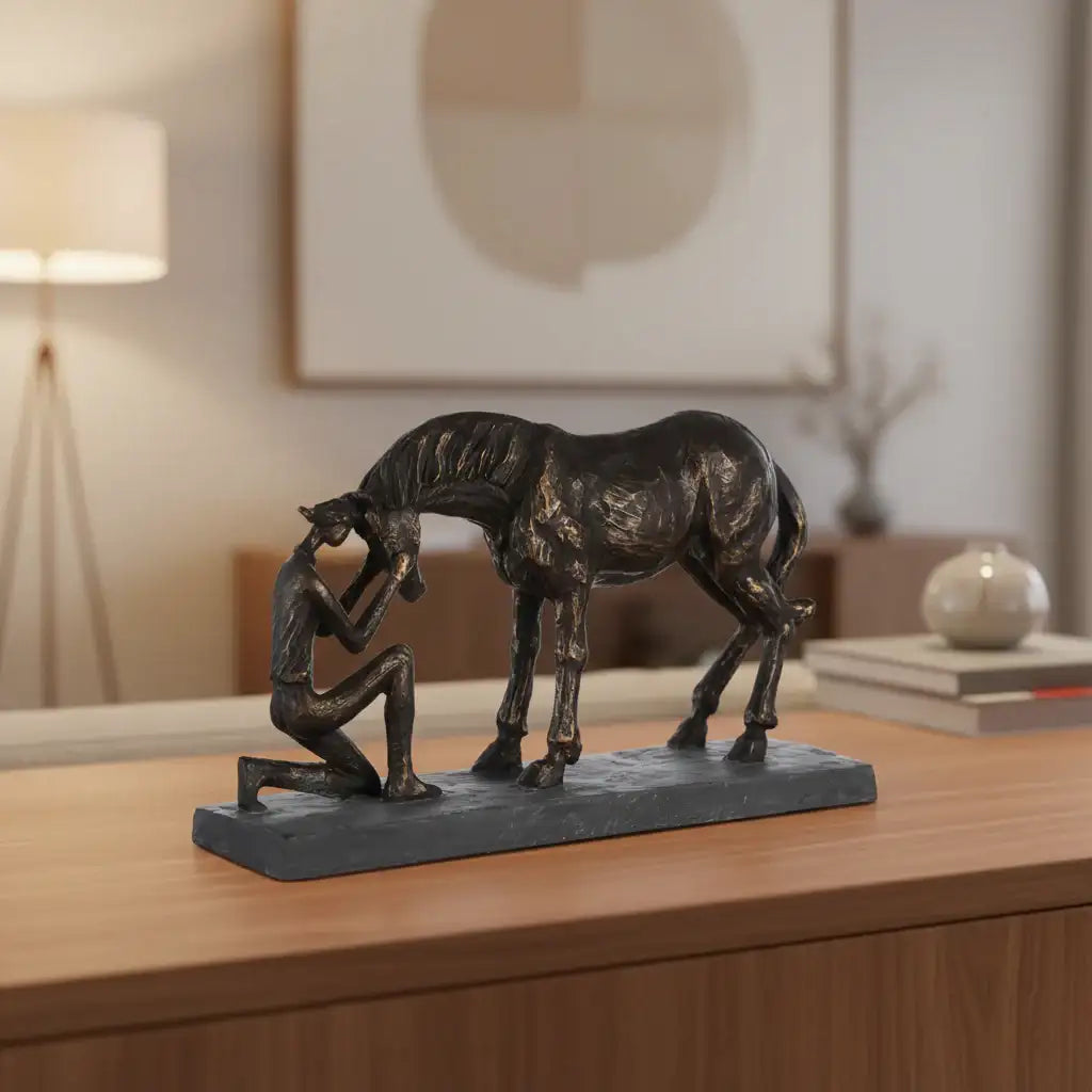 Bronze farbene kunstharz skulptur casablanca von gilde mit knieender figur und pferd in 19 cm höhe