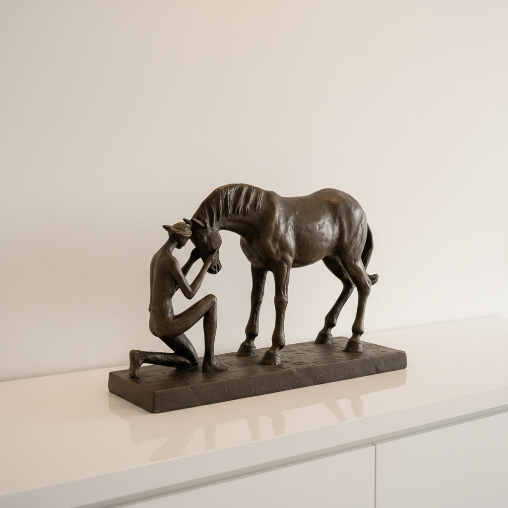 Bronzefarbene Casablanca Gilde Skulptur aus Kunstharz mit knieender menschlicher Figur und pferd 19 cm hoch