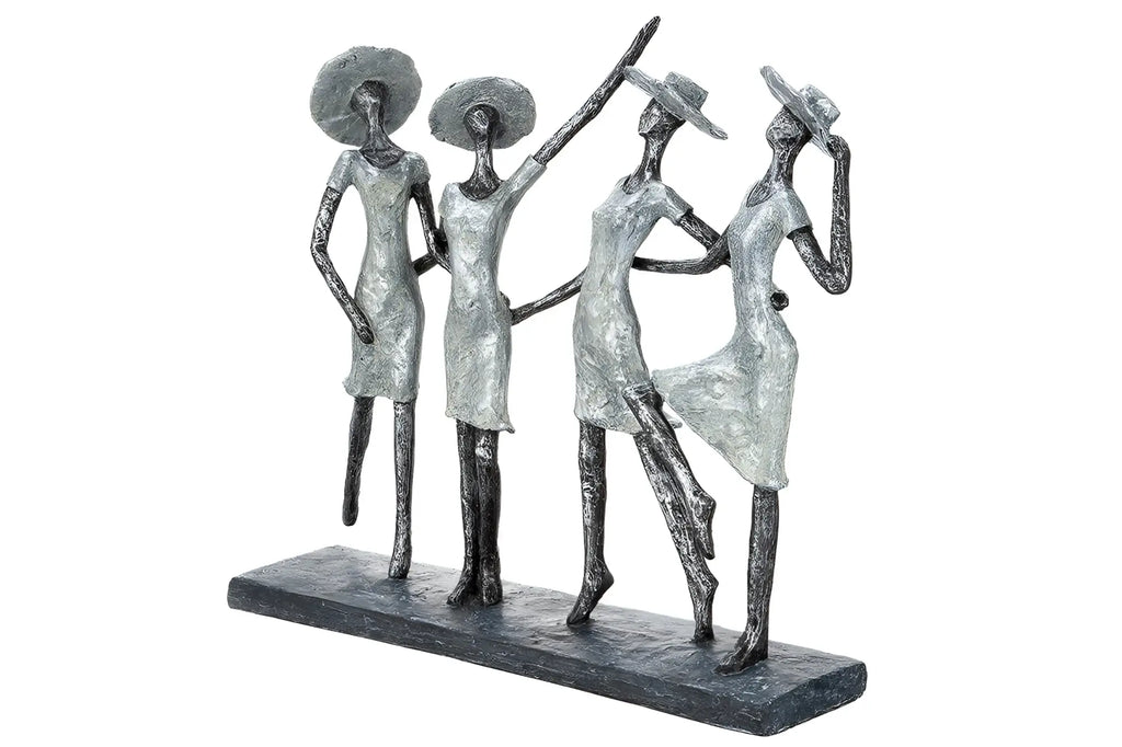 Silberfarbene abstrakte Casablanca Skulptur mit vier stilisierten Frauen aus mehrfarbigem kunstharz auf dunklem Sockel