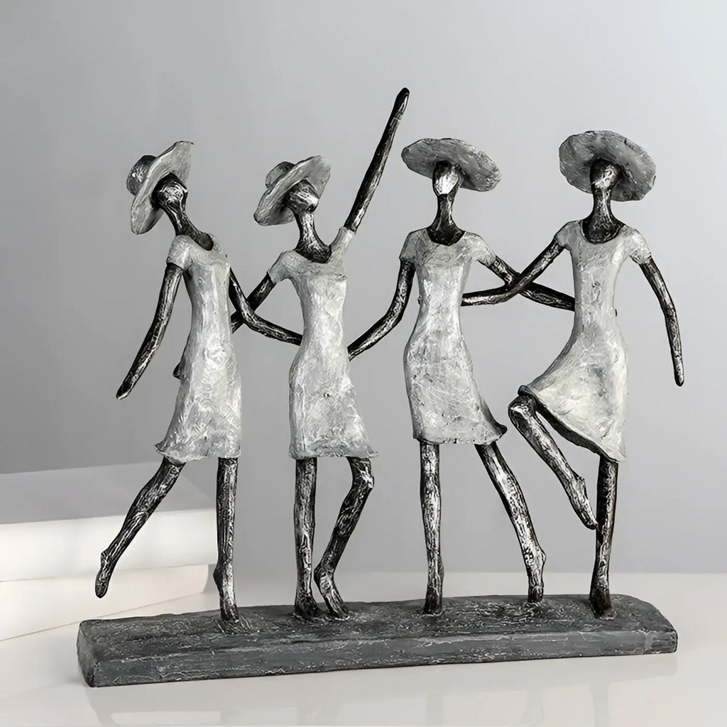 Silberfarbene abstrakte kunstharz skulptur casablanca skulptur 4 ladies mit vier stilisierten frauen auf dunklem sockel