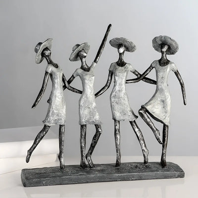 Silberfarbene abstrakte kunstharz skulptur casablanca skulptur 4 ladies mit vier stilisierten frauen auf dunklem sockel
