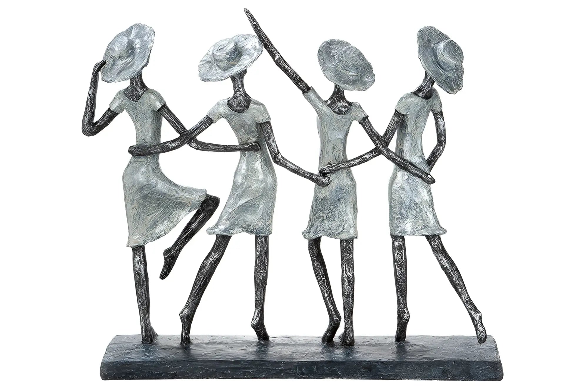 Silberfarbene skulptur mit vier stilisierten frauen in fließenden kleidern und hüten auf dunklem sockel aus kunstharz