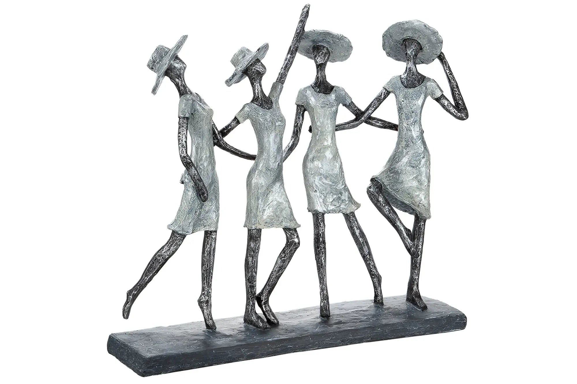 Silberfarbene kunstharz skulptur vier stilisierte frauen mit hüten auf dunklem sockel von gilde 34 cm hoch