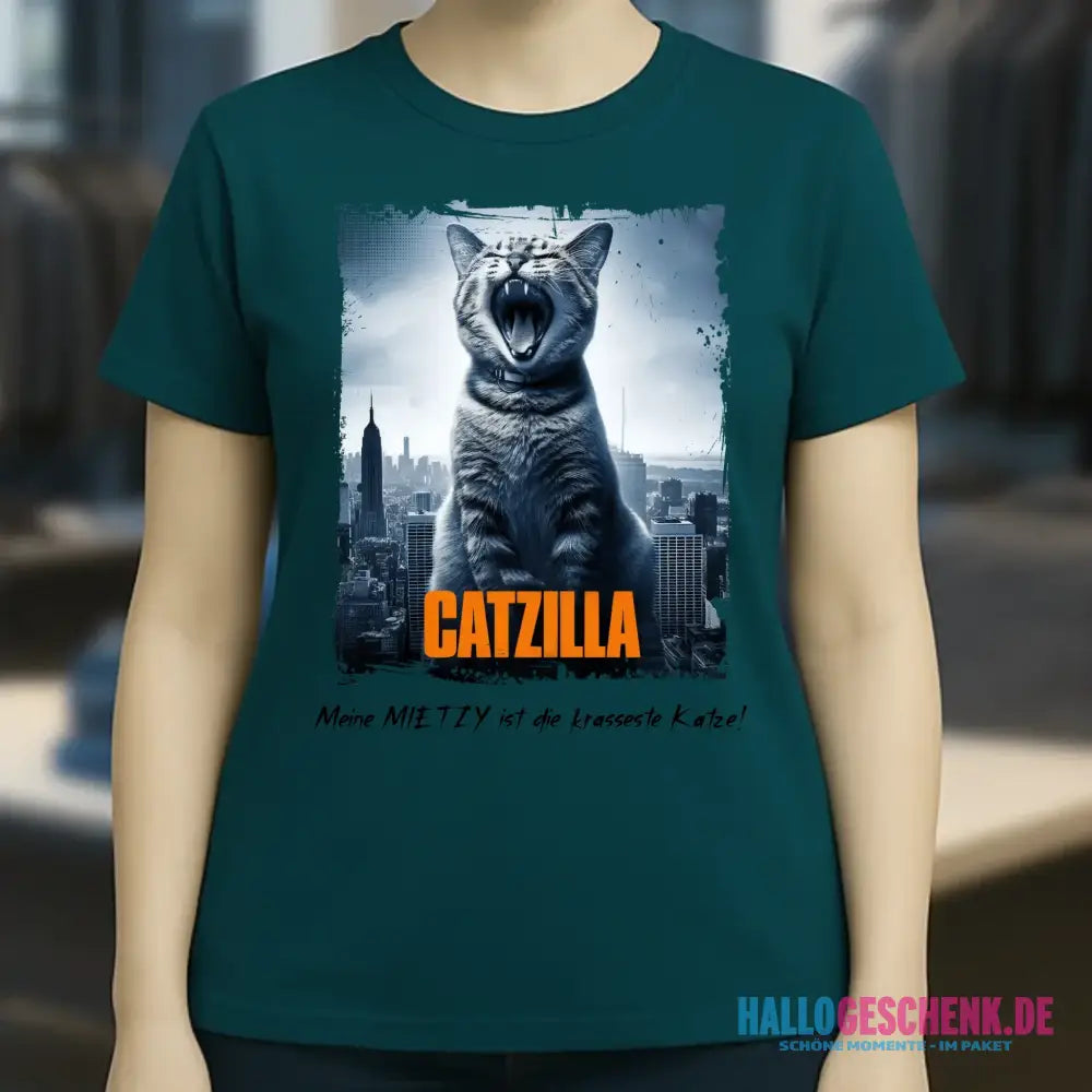 Catzilla • Katze • Ladies Premium T-Shirt XS-2XL aus Bio-Baumwolle für Damen • Exklusivdesign • personalisiert