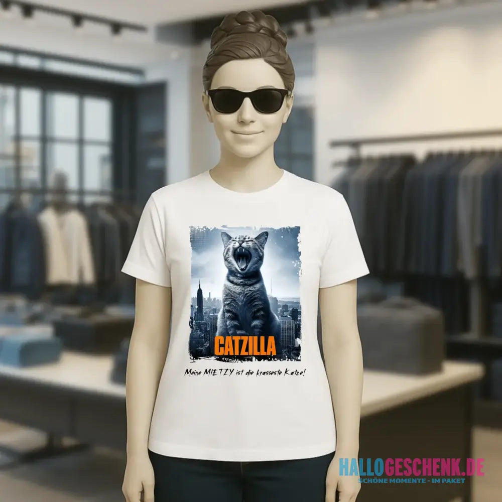 Catzilla • Katze • Ladies Premium T-Shirt XS-2XL aus Bio-Baumwolle für Damen • Exklusivdesign • personalisiert
