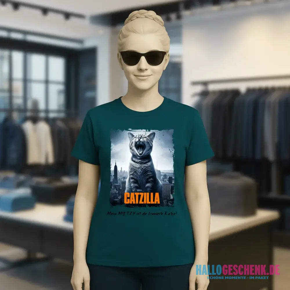 Catzilla • Katze • Ladies Premium T-Shirt XS-2XL aus Bio-Baumwolle für Damen • Exklusivdesign • personalisiert
