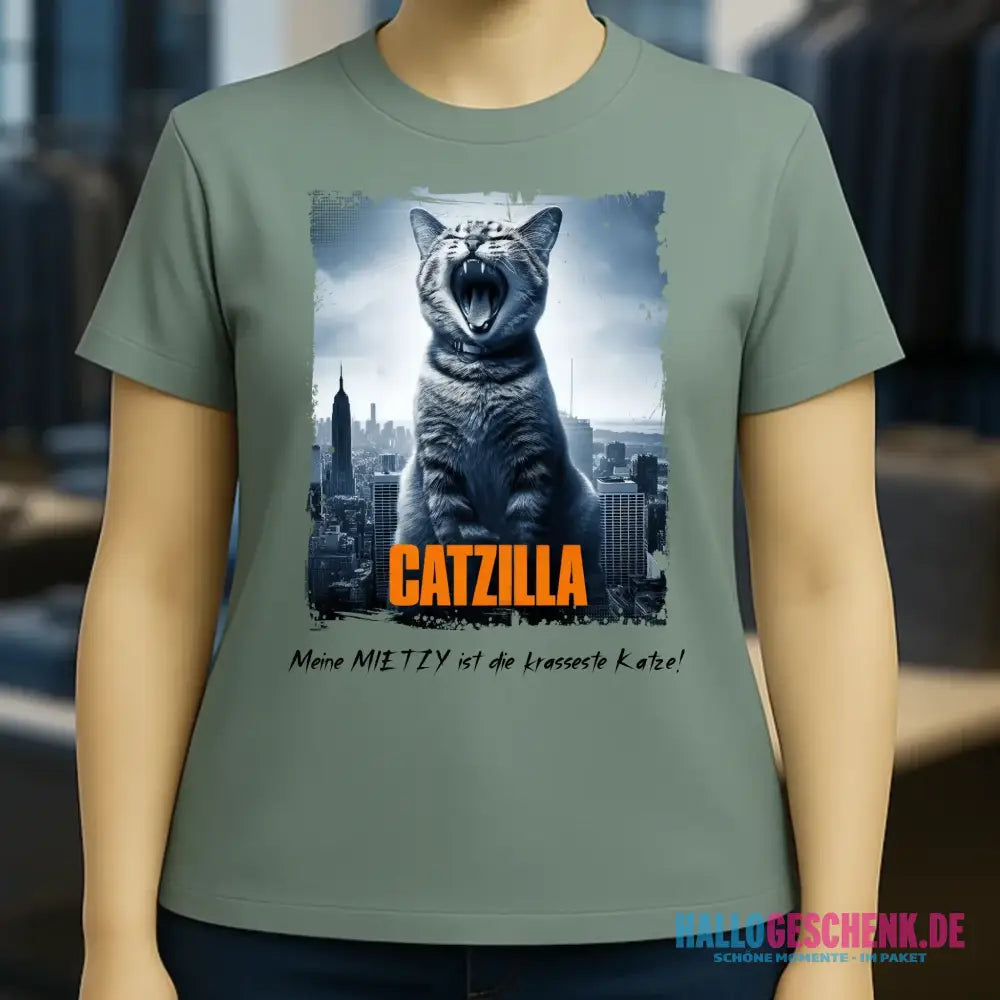 Catzilla • Katze • Ladies Premium T-Shirt XS-2XL aus Bio-Baumwolle für Damen • Exklusivdesign • personalisiert