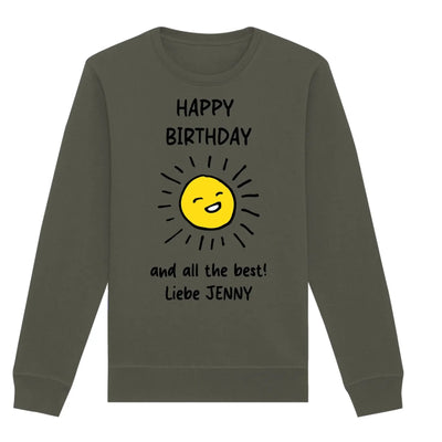 Olivegrüner langarm sweatshirts mit fröhlicher gelber sonne und Text happy birthday und all best liebe jenny aus der statement collection