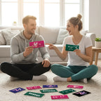 Pink und grüne rechteckige karten mit illustrationen und text fürs spiel auszeit in challenge-box 30 fitness herausforderungen kartenspiel