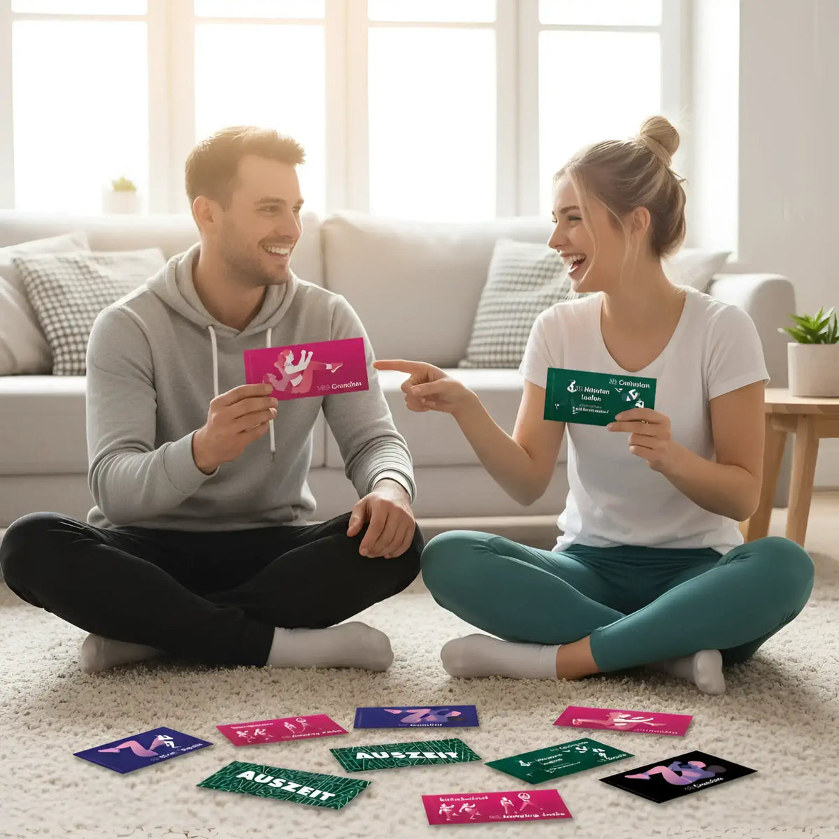 Pink und grüne rechteckige karten mit illustrationen und text fürs spiel auszeit in challenge-box 30 fitness herausforderungen kartenspiel