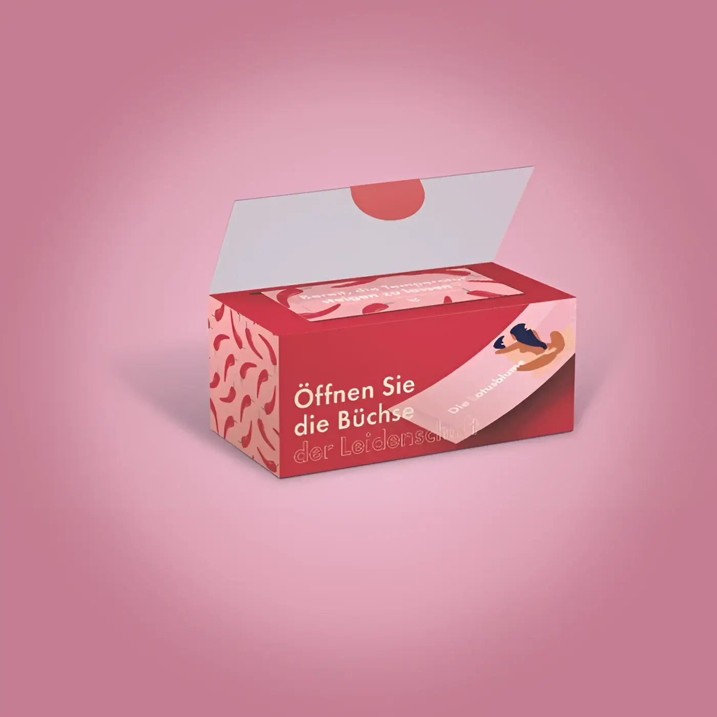 Rote rechteckige challenge-box mit weißem deckel und pinkem muster mit text öffnen sie die büchse der leidenschaft
