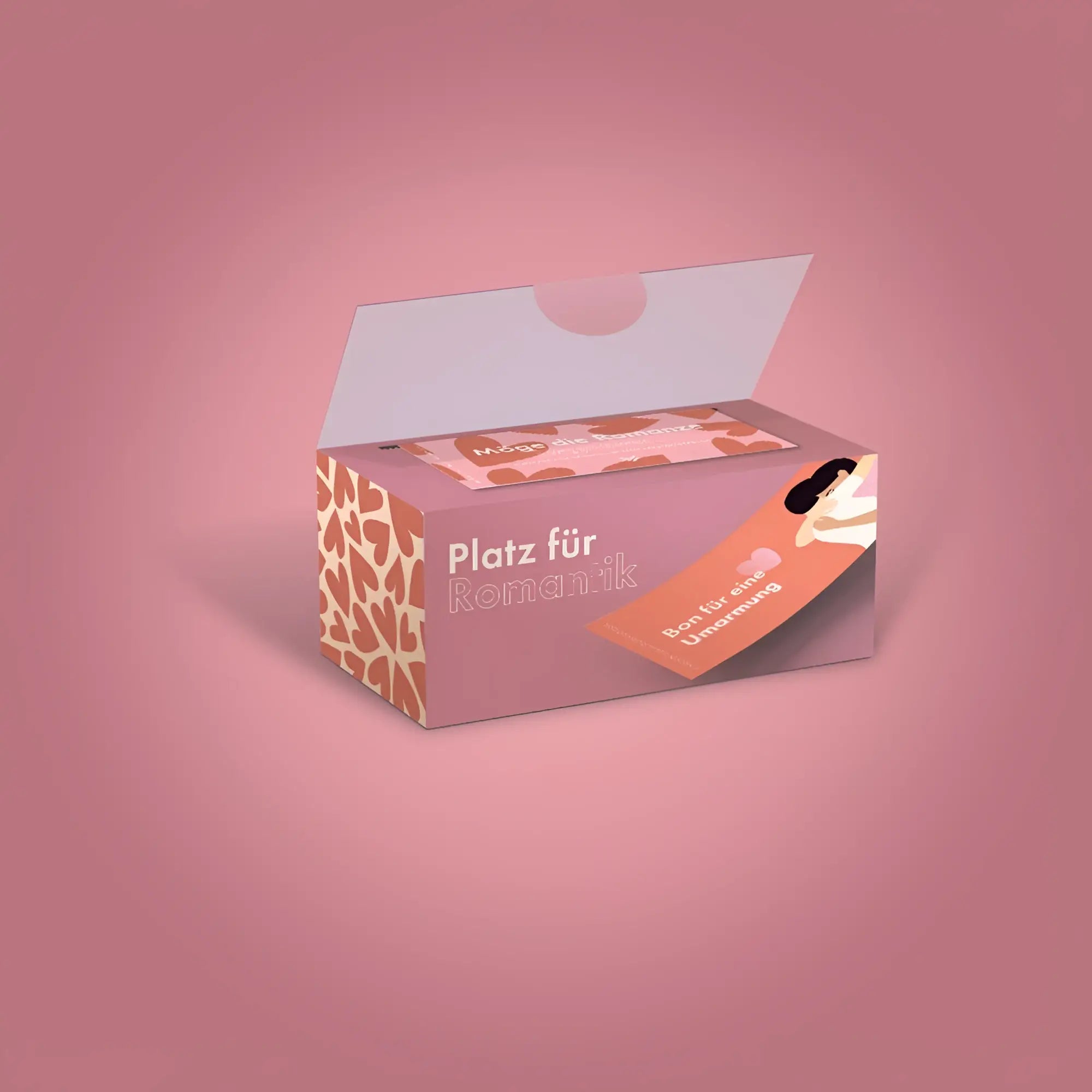 Rosa rechteckige challenge-box mit giraffenmusterseitenteil und orangefarbener bon für eine umarmung tag