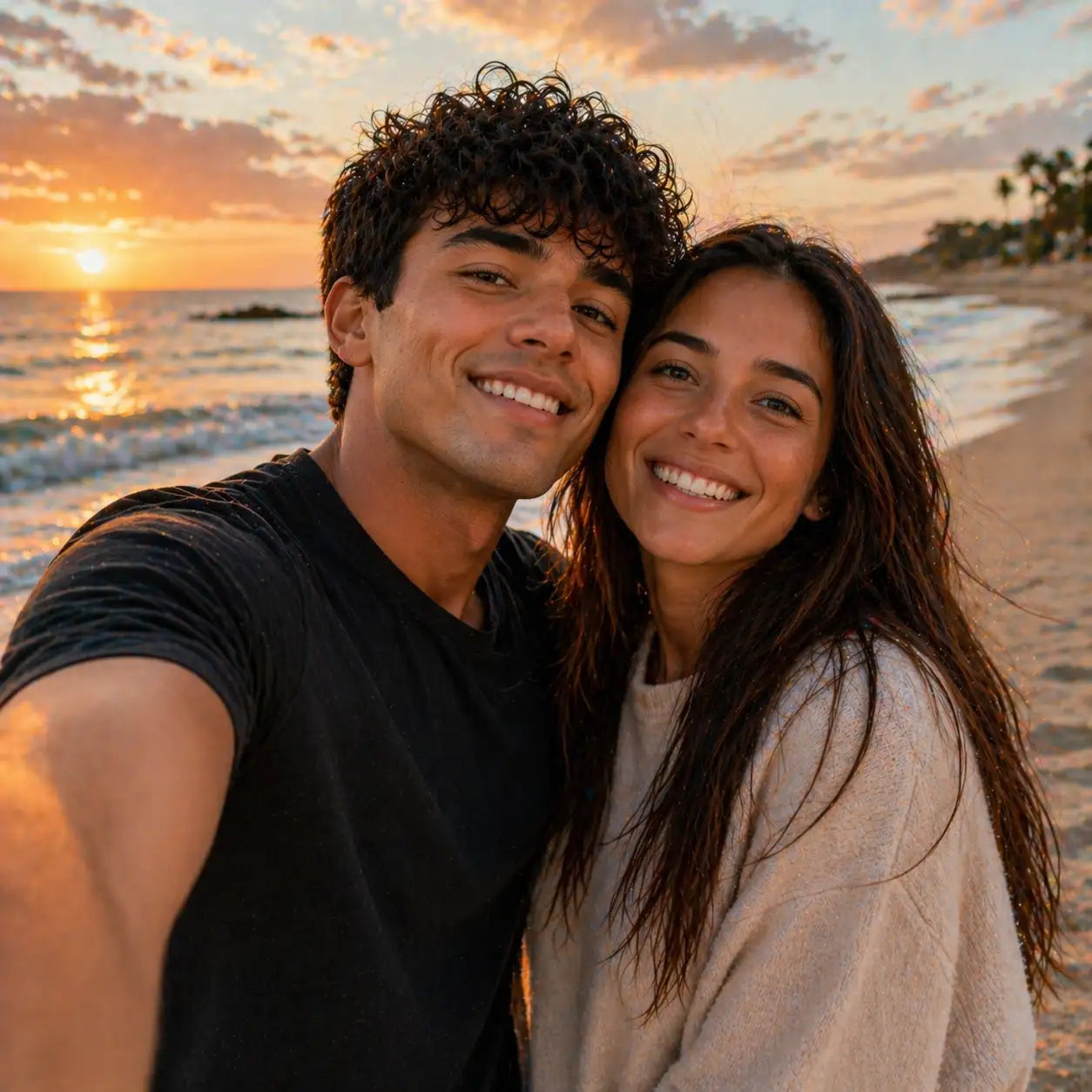 Ein Paar lächelt gemeinsam am Strand bei Sonnenuntergang, wobei der Mann ein schwarzes T-Shirt trägt und die Frau einen weichen beigen Pullover.