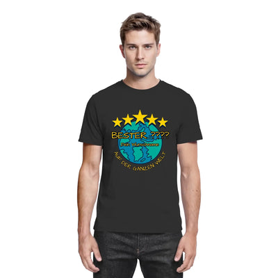 Schwarzes baumwoll t shirt mit buntem globe grafik und fünf gelben sternen bester text aus der statement collection