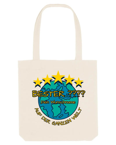 Creamfarbener canvas-strapazierfähiger tote bag mit 5 sternen design und blauem globus personalisierbar