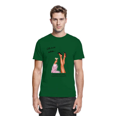 Dunkelgrünes baumwoll-t-shirt mit grafik von beinen in high heels und cocktailglas aus der party-beine statement-collection