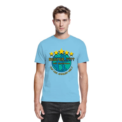 Hellblaues baumwoll t-shirt mit globe grafik und fünf gelben sternen sowie schwarzem bester schriftzug