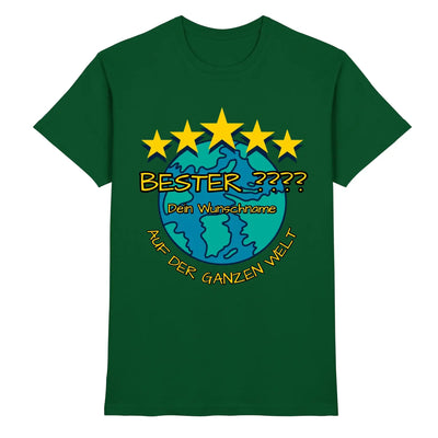 Dunkelgrünes baumwollshirt mit blauem globus, fünf gelben sternen und personalisierbarem bester wunschname text