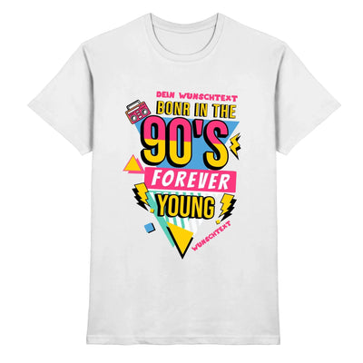 Weiße baumwoll t shirt mit knalligem 90er jahre boombox grafik in gelb pink und blau aus der statement collection