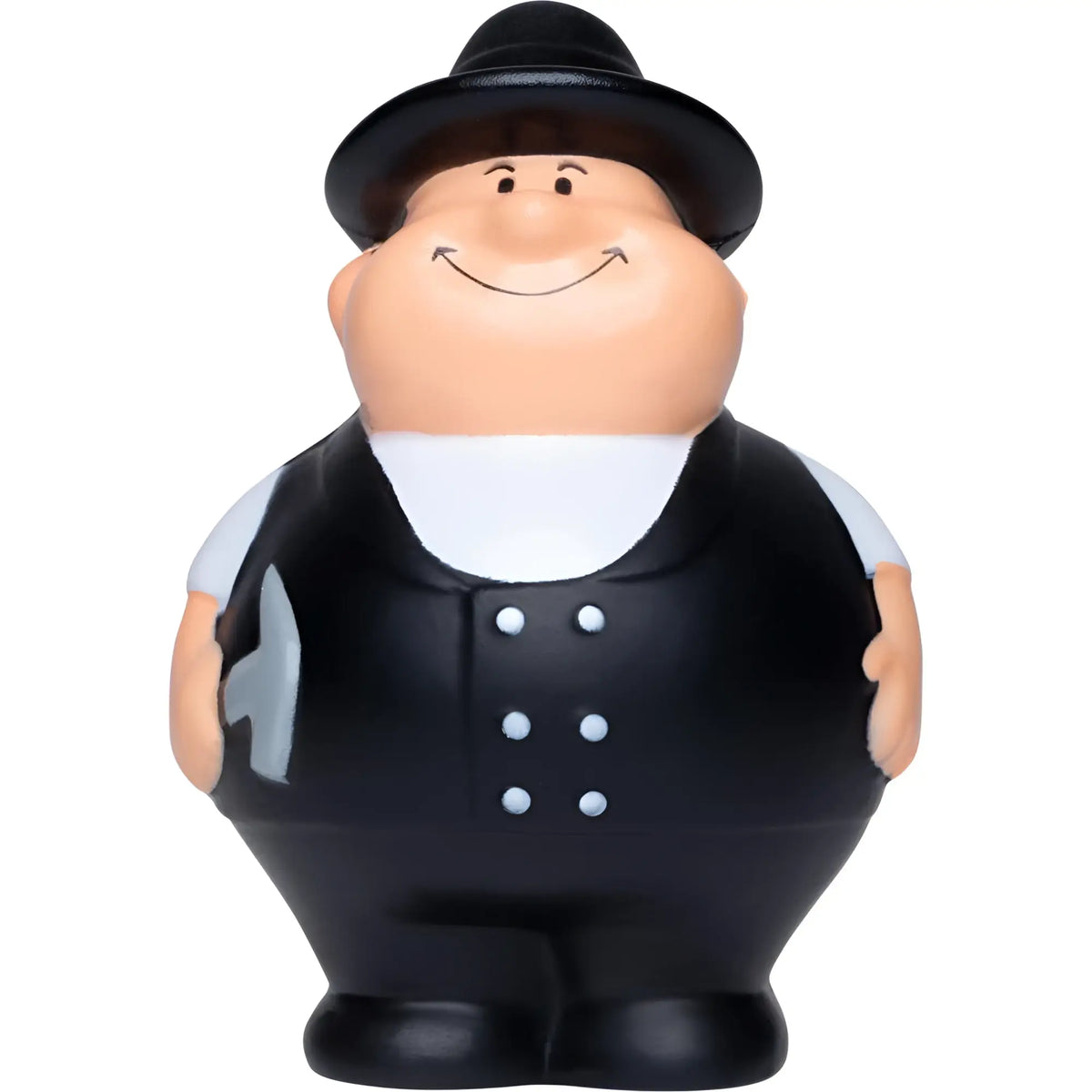 Schwarze plastik-quetschfigur dachdecker bert mit lächelndem, molligem mann in schwarzem hut und weste über weißem hemd